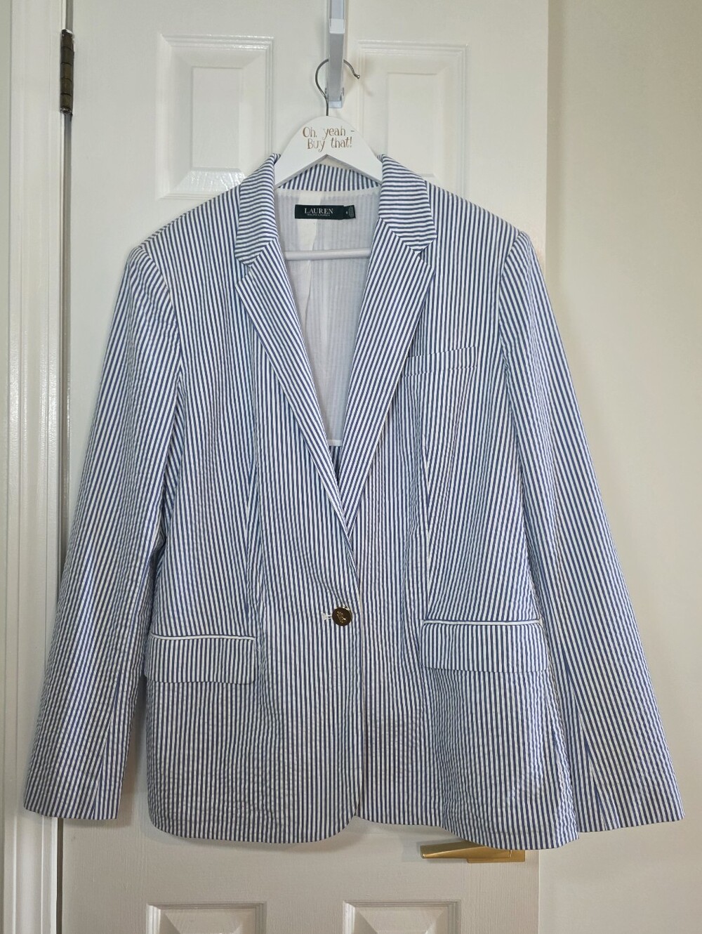 PRISTINE Lauren Ralph Lauren Seersucker Blue Blazer Size 16 One Button Pockets